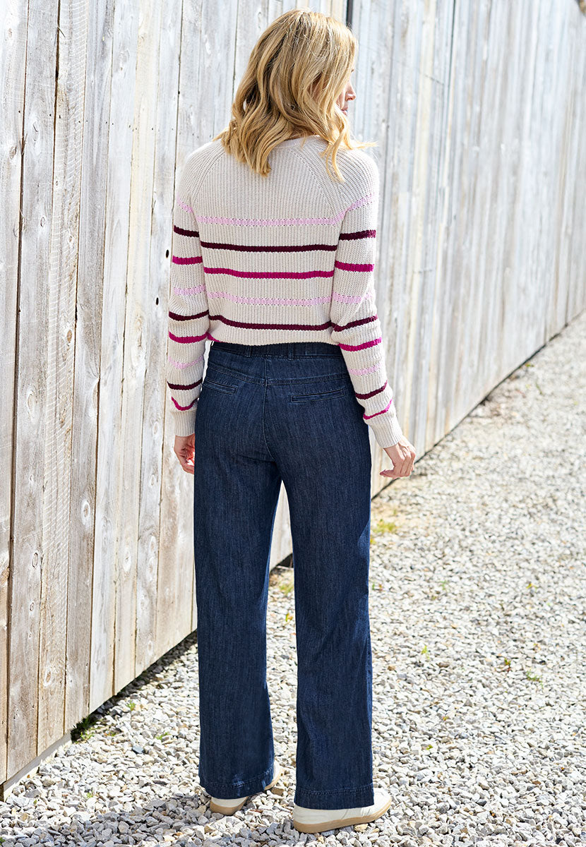 BRAX Pamina Wide Leg Trouser 29 Inch Leg - Dark Denim Best Selling Pamina Fit Smooth Drapey Fabric Pull On Waist with Hidden Stretch Faux Fly Belt Loops Front and Back Pockets Back View