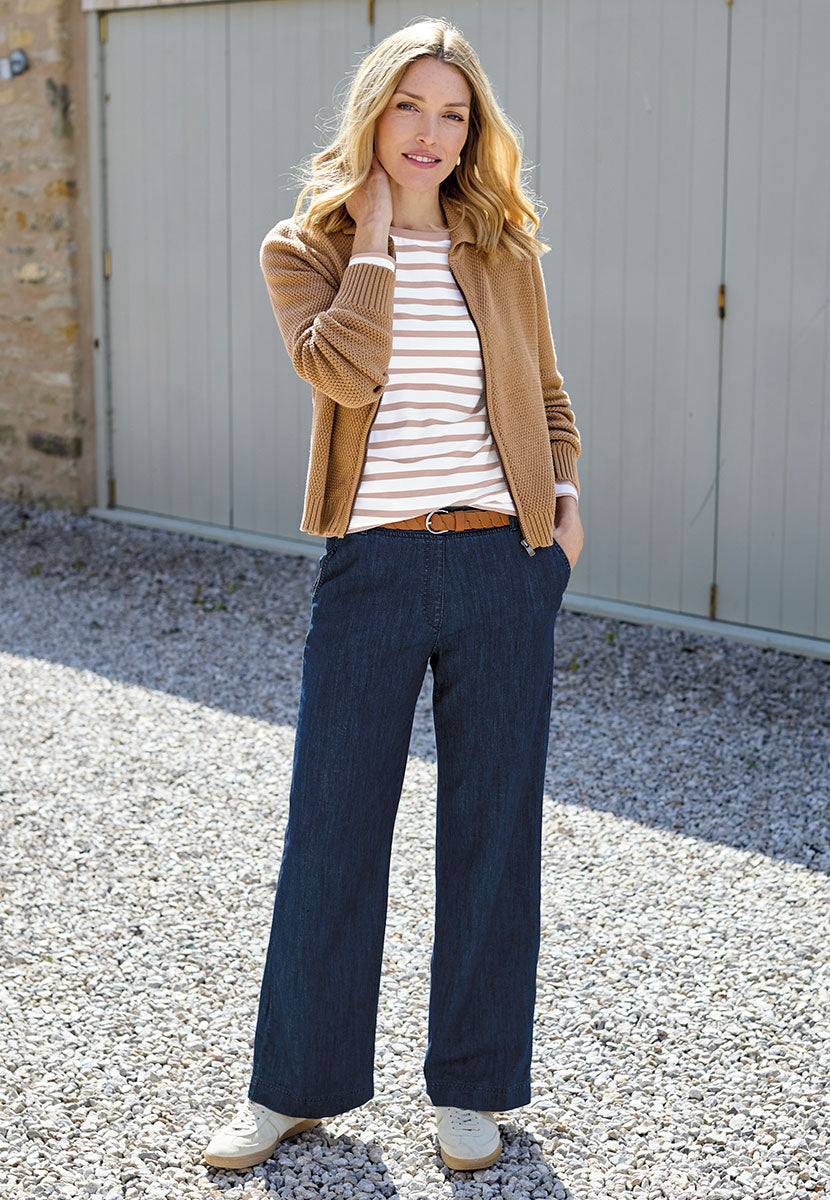 BRAX Pamina Wide Leg Trouser 29 Inch Leg - Dark Denim Best Selling Pamina Fit Smooth Drapey Fabric Pull On Waist with Hidden Stretch Faux Fly Belt Loops Front and Back Pockets