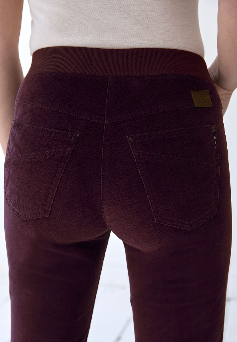 BRAX Pamina Fine Cord Trouser 29 Inch Leg - Aubergine Stretch Needlecord Flattering Classic Slim Leg Elasticated High Rise Pull On Waist with Pockets and Faux Fly Back Detail View