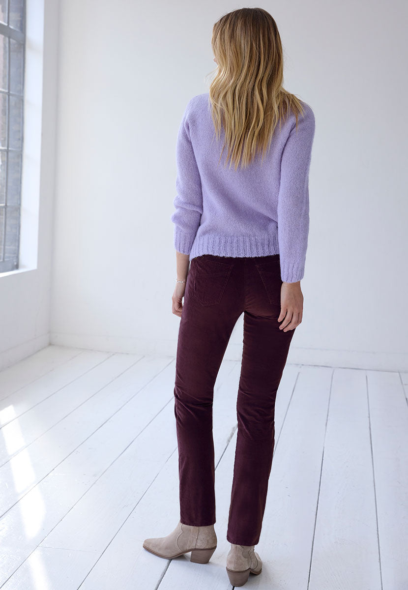 BRAX Pamina Fine Cord Trouser 29 Inch Leg - Aubergine Stretch Needlecord Flattering Classic Slim Leg Elasticated High Rise Pull On Waist with Pockets and Faux Fly Back View
