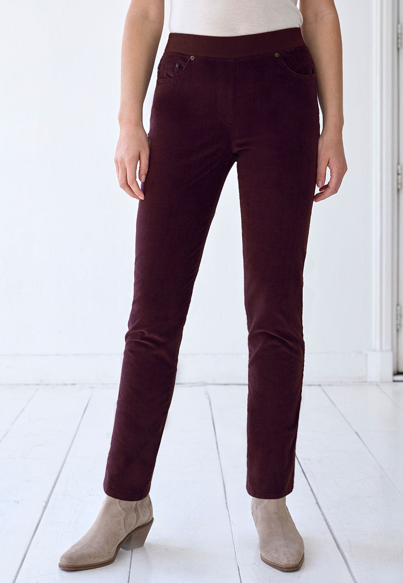 BRAX Pamina Fine Cord Trouser 29 Inch Leg - Aubergine Stretch Needlecord Flattering Classic Slim Leg Elasticated High Rise Pull On Waist with Pockets and Faux Fly Front Alt View