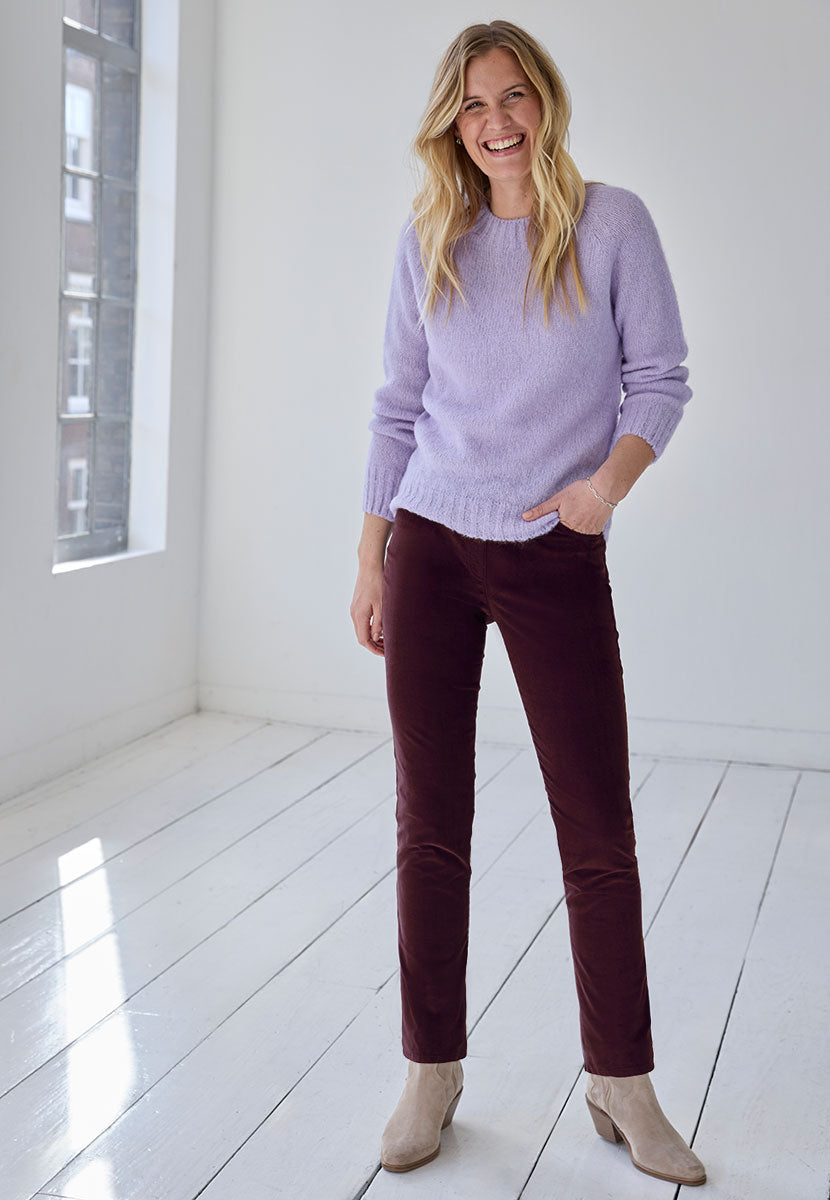 BRAX Pamina Fine Cord Trouser 29 Inch Leg - Aubergine Stretch Needlecord Flattering Classic Slim Leg Elasticated High Rise Pull On Waist with Pockets and Faux Fly