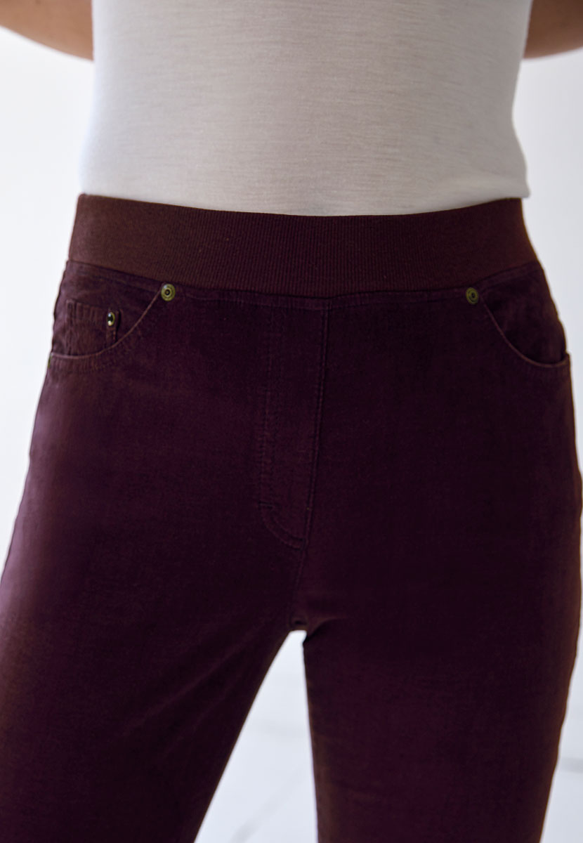 BRAX Pamina Fine Cord Trouser 29 Inch Leg - Aubergine Stretch Needlecord Flattering Classic Slim Leg Elasticated High Rise Pull On Waist with Pockets and Faux Fly Front Detail View