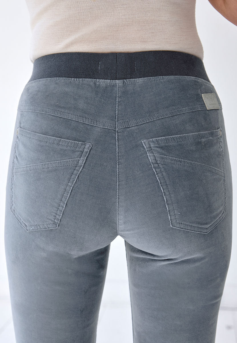 BRAX Pamina Fine Cord Trouser 29 Inch Leg - Dusky Sky Stretch Needlecord Flattering Classic Slim Leg Elasticated High Rise Pull On Waist with Pockets and Faux Fly Back Detail View