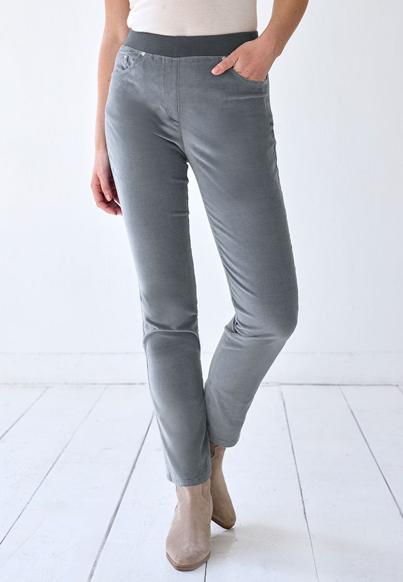 BRAX Pamina Fine Cord Trouser 29 Inch Leg - Dusky Sky Stretch Needlecord Flattering Classic Slim Leg Elasticated High Rise Pull On Waist with Pockets and Faux Fly Front Alt View