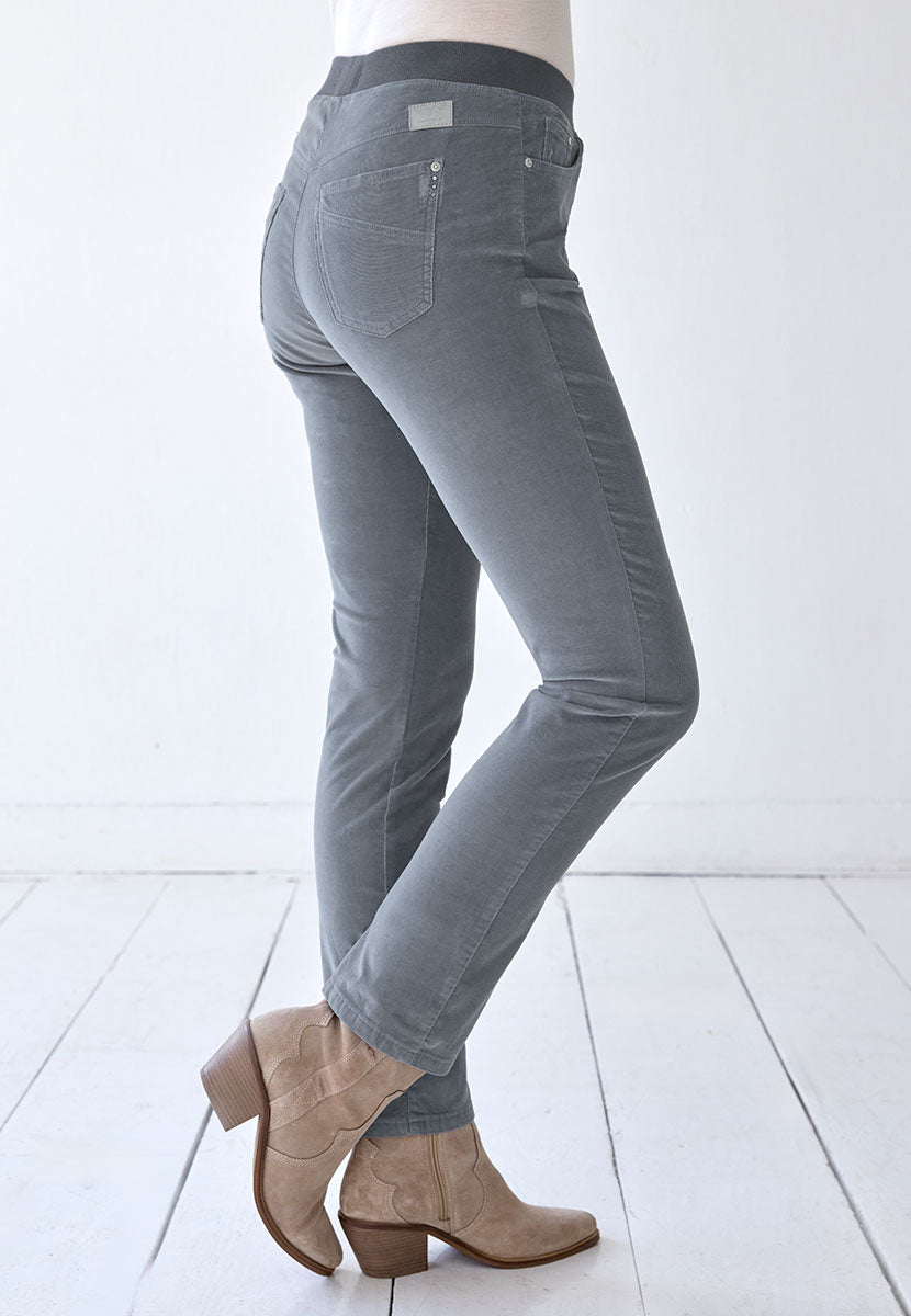 BRAX Pamina Fine Cord Trouser 29 Inch Leg - Dusky Sky Stretch Needlecord Flattering Classic Slim Leg Elasticated High Rise Pull On Waist with Pockets and Faux Fly Side View