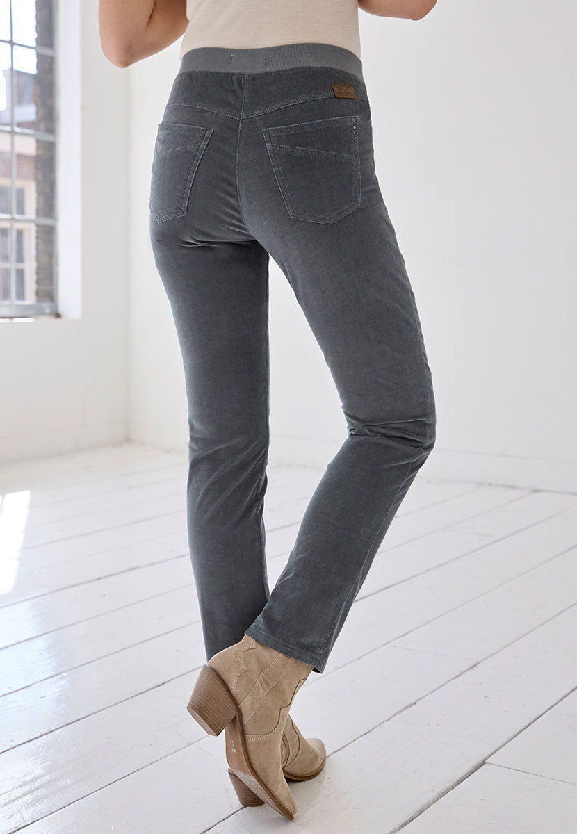 BRAX Pamina Fine Cord Trouser 29 Inch Leg - Pewter Stretch Needlecord Flattering Classic Slim Leg Elasticated High Rise Pull On Waist with Pockets and Faux Fly Back view