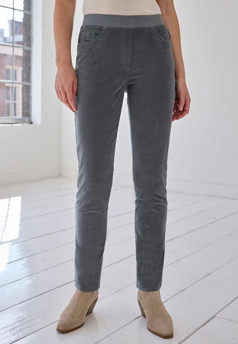BRAX Pamina Fine Cord Trouser 29 Inch Leg - Pewter Stretch Needlecord Flattering Classic Slim Leg Elasticated High Rise Pull On Waist with Pockets and Faux Fly