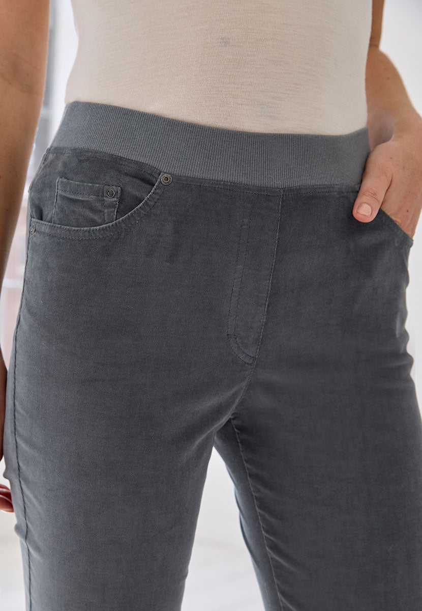 BRAX Pamina Fine Cord Trouser 29 Inch Leg - Pewter Stretch Needlecord Flattering Classic Slim Leg Elasticated High Rise Pull On Waist with Pockets and Faux Fly Front Detail View
