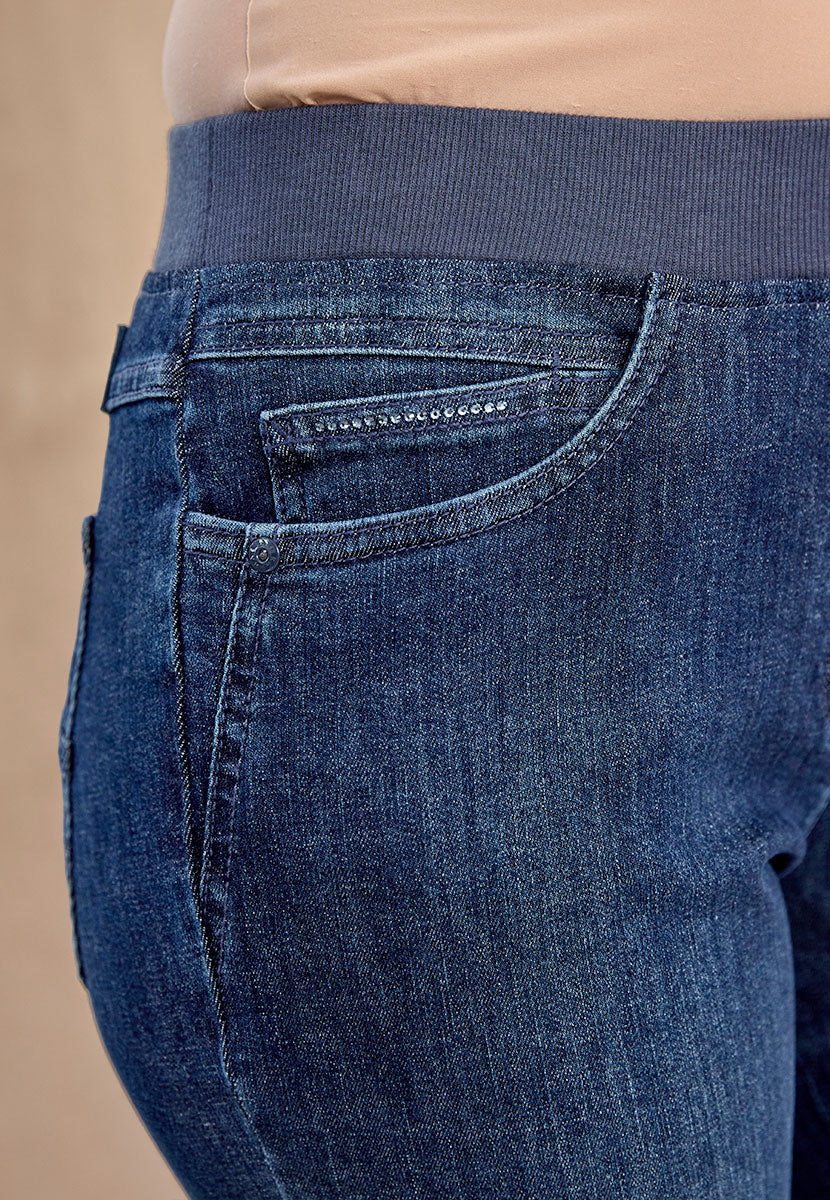 BRAX Pamina Straight Leg Pull on Elasticated Waist Trouser - Mid Denim