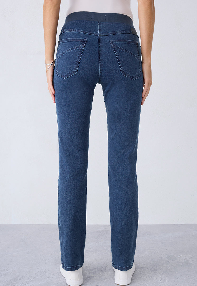 BRAX Pamina Straight Leg Pull on Elasticated Waist Trouser - Mid Denim