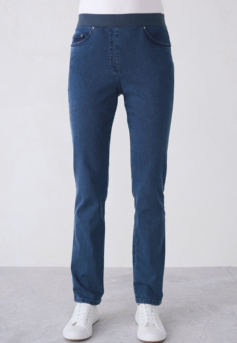 BRAX Pamina Straight Leg Pull on Elasticated Waist Trouser - Mid Denim