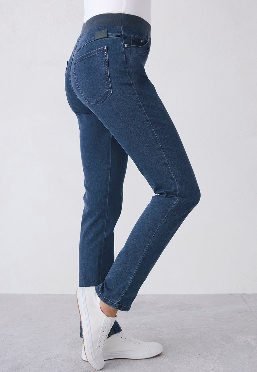 BRAX Pamina Straight Leg Pull on Elasticated Waist Trouser - Mid Denim