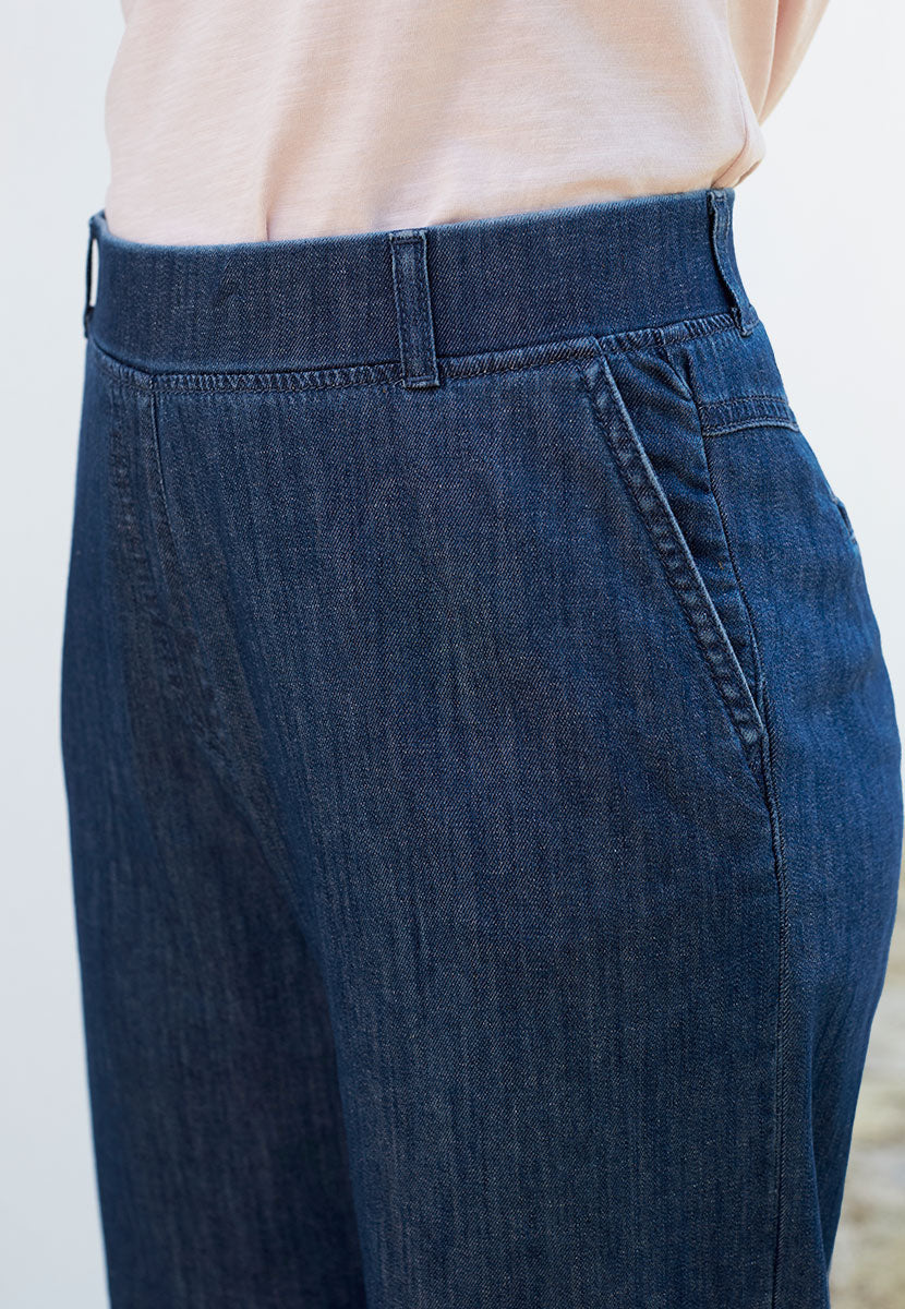 BRAX Pamina Wide Leg Trouser 29 Inch Leg - Mid Denim Best Selling Pamina Fit Smooth Drapey Fabric Pull On Waist with Hidden Stretch Faux Fly Belt Loops Front and Back Pockets Front Detail View