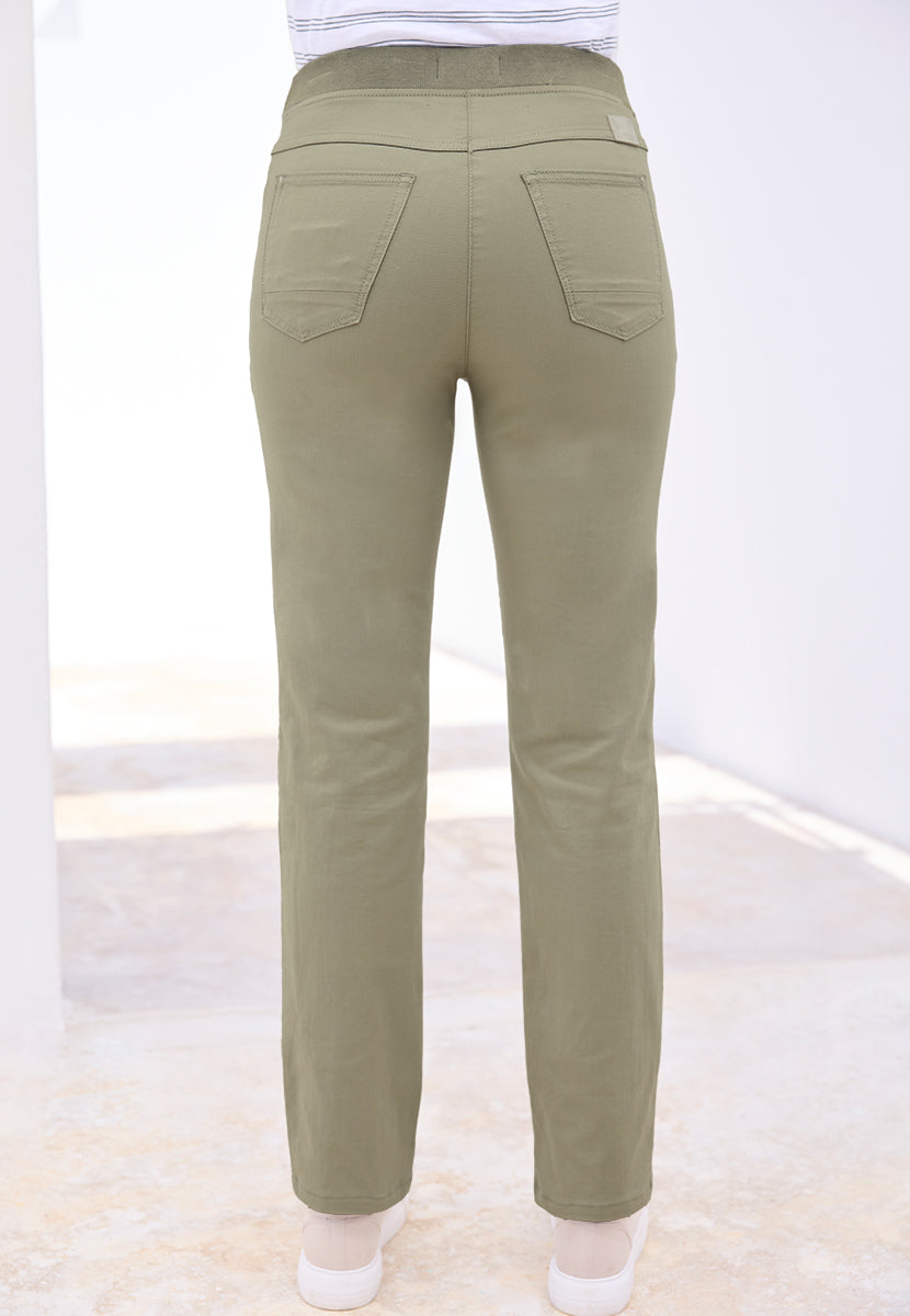 BRAX Pamina Straight Leg Pull on Elasticated Waist Trouser - Soft Khaki