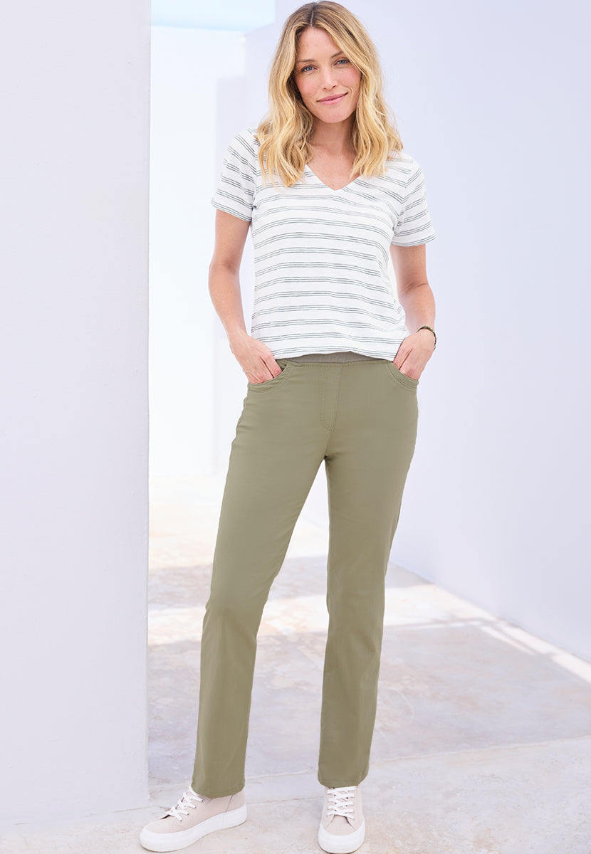 BRAX Pamina Straight Leg Pull on Elasticated Waist Trouser - Soft Khaki