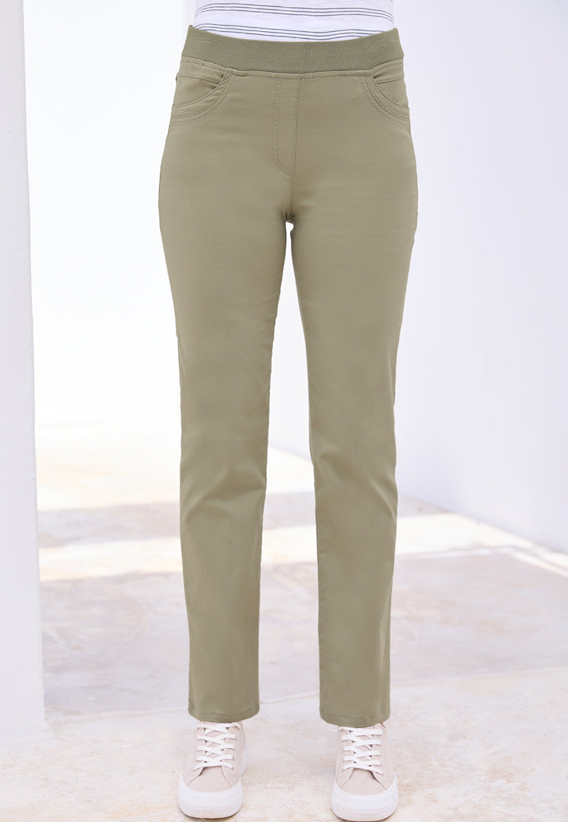 BRAX Pamina Straight Leg Pull on Elasticated Waist Trouser - Soft Khaki