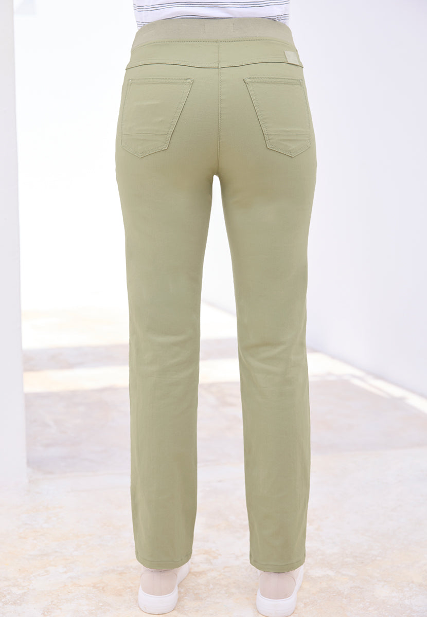 BRAX Pamina Straight Leg Pull on Elasticated Waist Trouser - Soft Olive