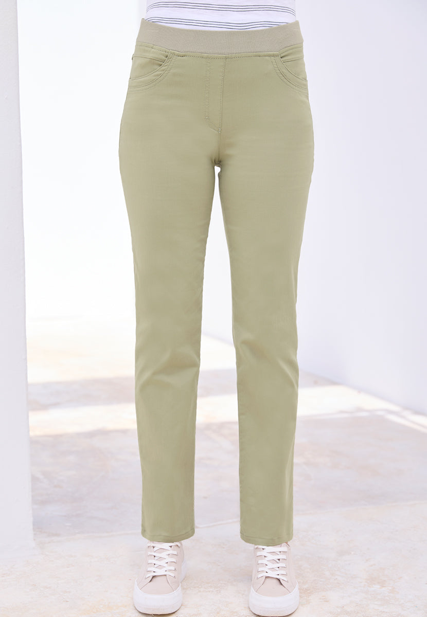 BRAX Pamina Straight Leg Pull on Elasticated Waist Trouser - Soft Olive
