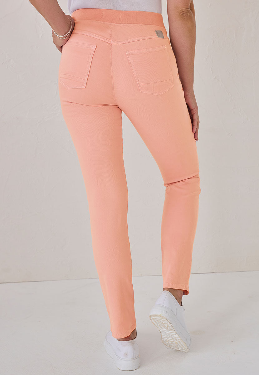 BRAX Pamina Straight Leg Trousers - Soft Peach Pink Pull On Elasticated Waist Style Faux Fly Front and Back Pockets Back View