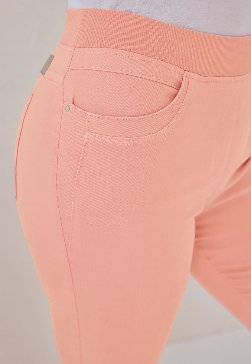 BRAX Pamina Straight Leg Trousers - Soft Peach Pink Pull On Elasticated Waist Style Faux Fly Front and Back Pockets Detail View