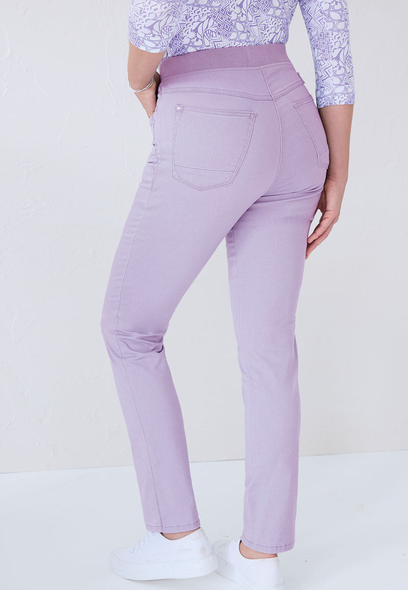 BRAX Pamina Straight Leg Trousers  - Soft Violet Purple Pull On Elasticated Waist Style Faux Fly Front and Back Pockets Back View