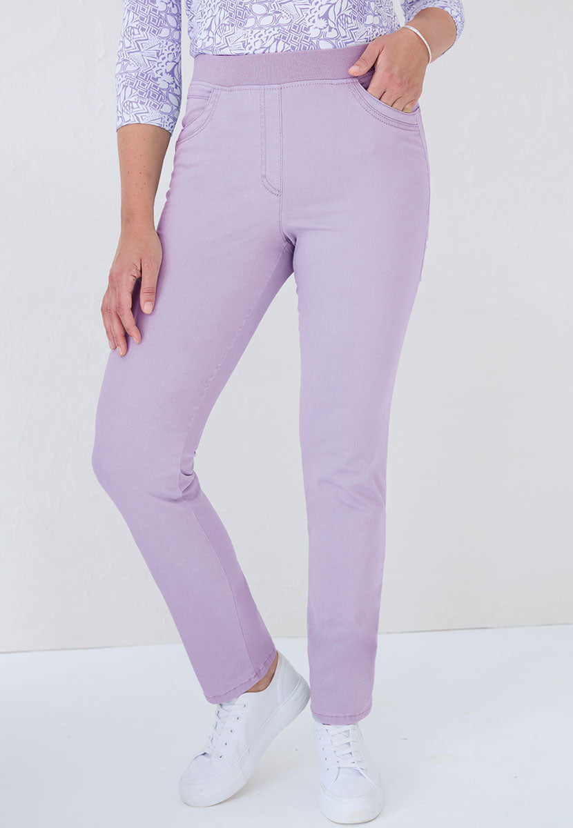 BRAX Pamina Straight Leg Trousers  - Soft Violet Purple Pull On Elasticated Waist Style Faux Fly Front and Back Pockets Front Close