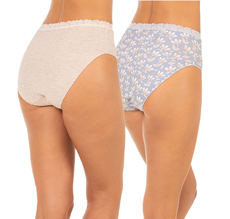 2pk Cotton Lace Midi Brief - Blue Floral/Ecru Back View