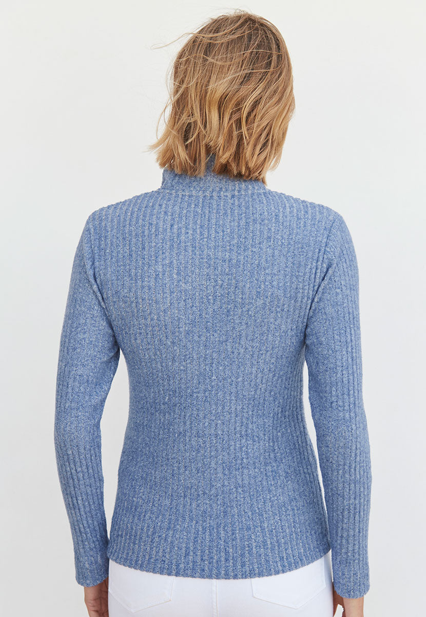 May Half Zip Ribbed Cotton Top - Blue Marl