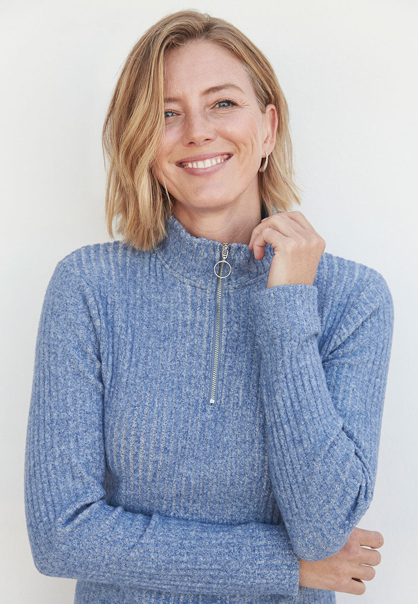 May Half Zip Ribbed Cotton Top - Blue Marl