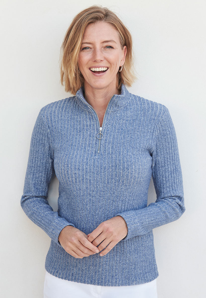 May Half Zip Ribbed Cotton Top - Blue Marl