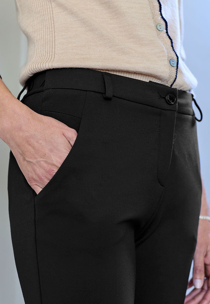 BRAX Mona Tapered Leg Trouser 28 Inch Leg - Black Smart Tailored Look with Elasticated Waist For Comfort Button and Zip Fly Faux Back Pockets Front Detail View