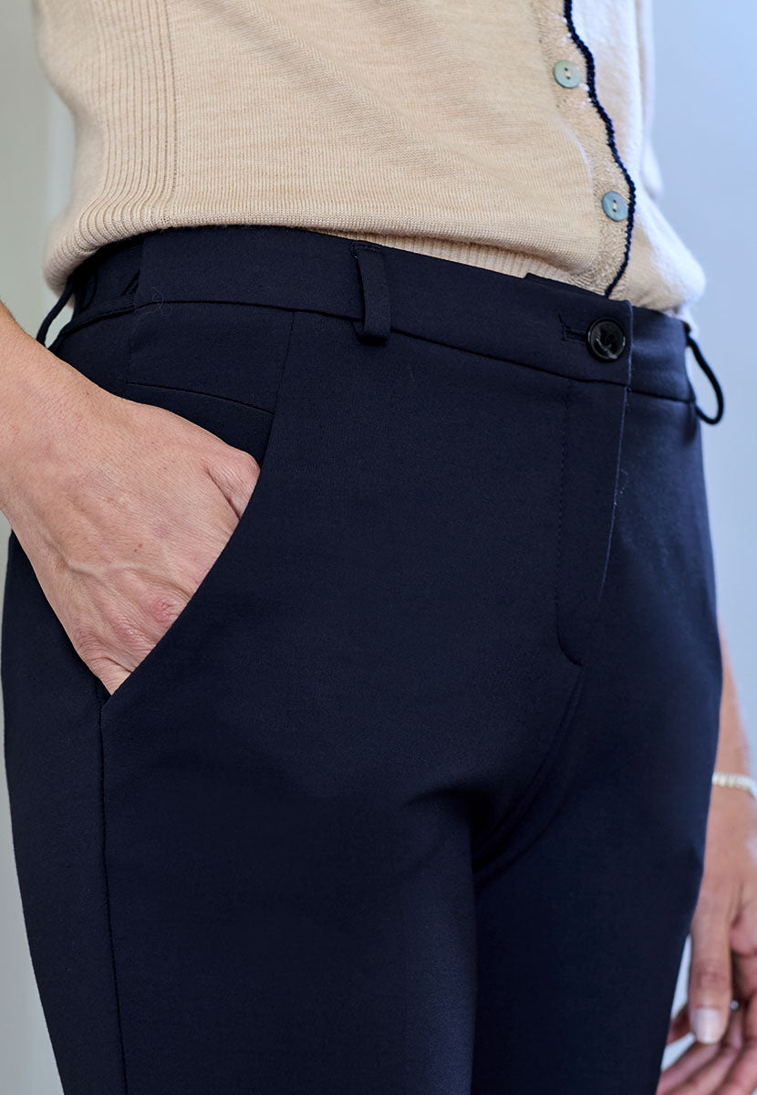 BRAX Mona Tapered Leg Trouser 28 Inch Leg - Black Smart Tailored Look with Elasticated Waist For Comfort Button and Zip Fly Faux Back Pockets Front Detail View