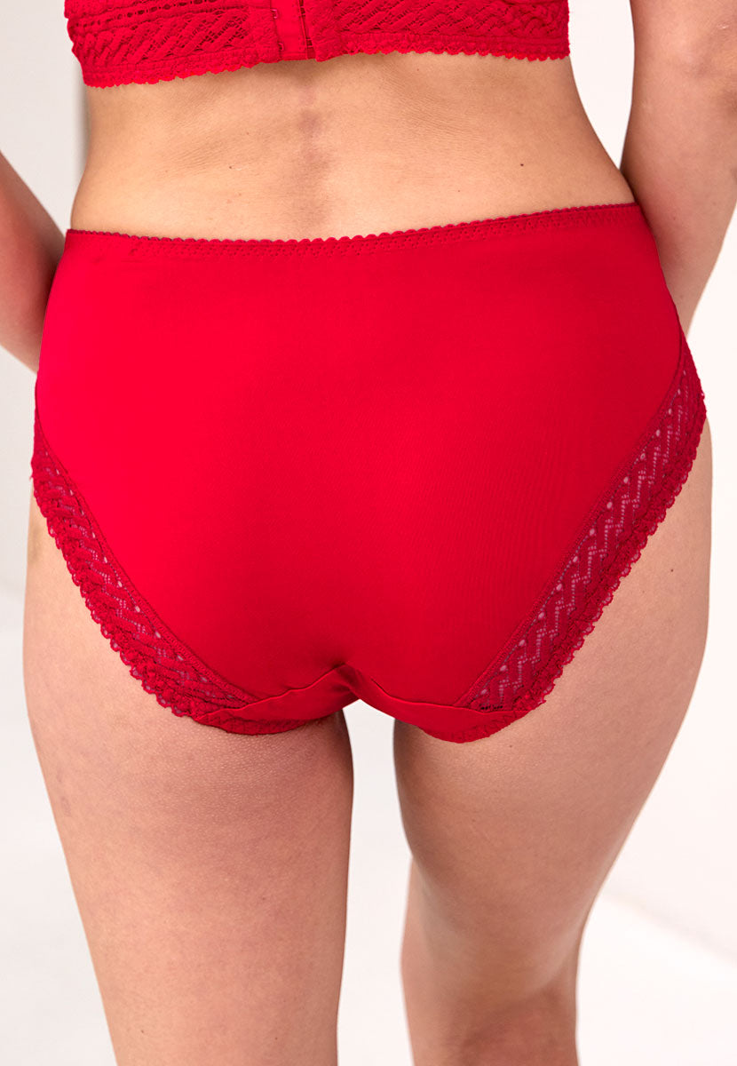 Prima Donna Montara Full Brief - True Red High Rise Comfortable Soft Silky Fabric Thin Embroidery Panels on Front Back View