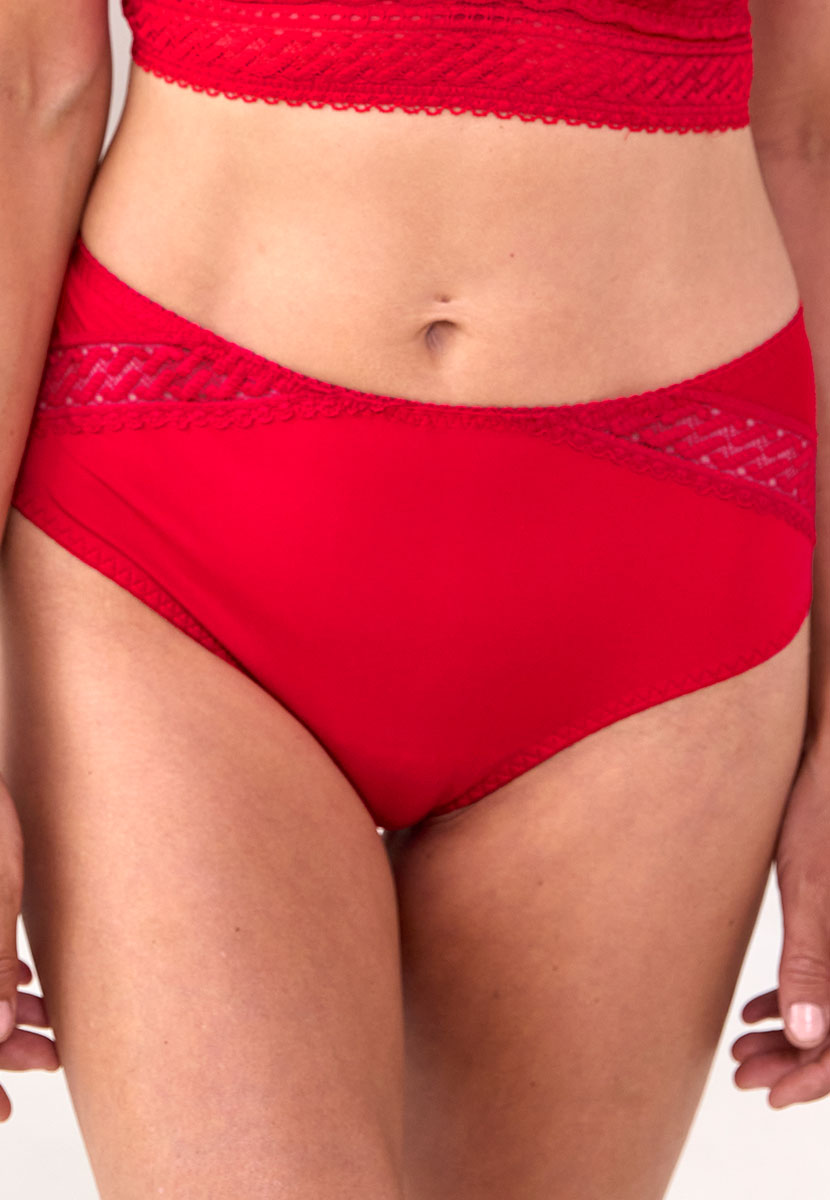 Prima Donna Montara Full Brief - True Red High Rise Comfortable Soft Silky Fabric Thin Embroidery Panels on Front