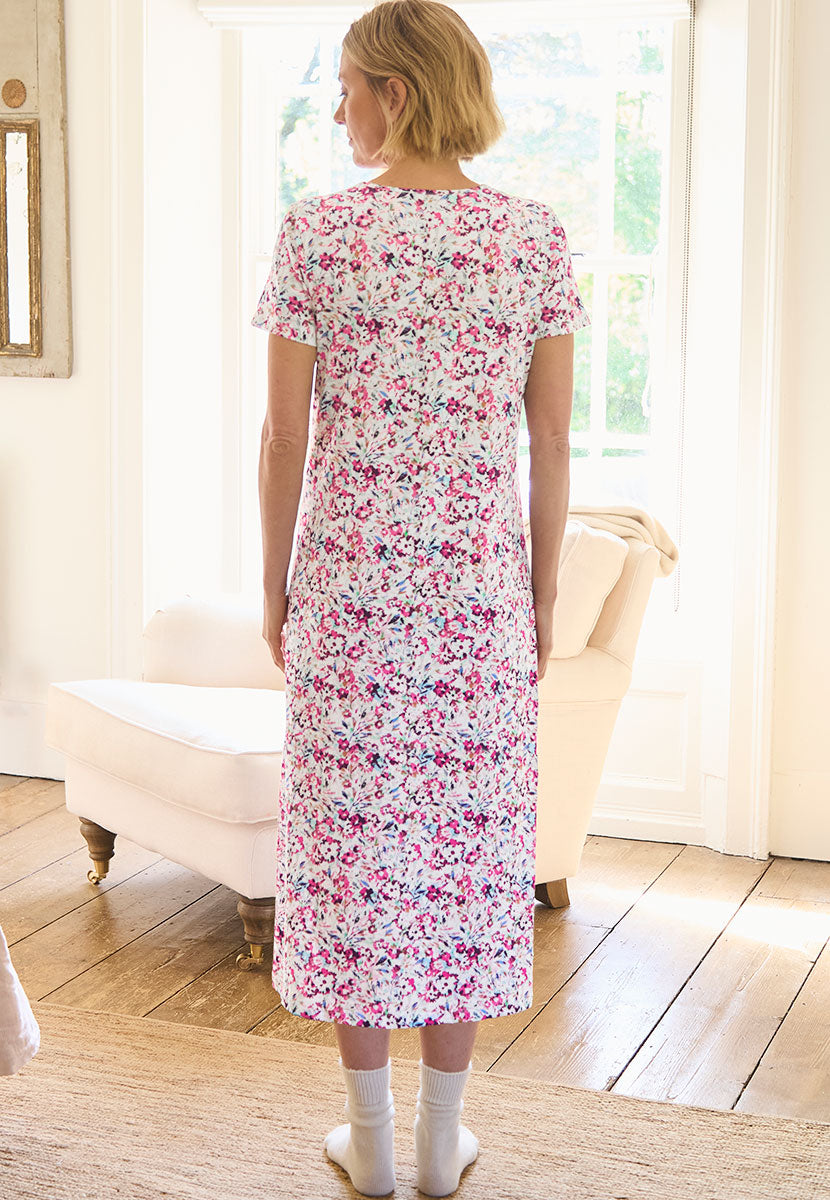 Rosalyn Short Sleeve Pure Cotton Nightdress - Palencia Print Back View