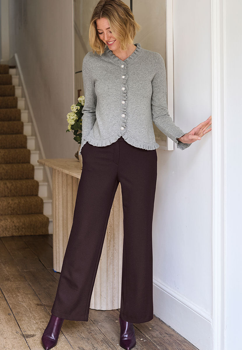 TONI Carrie Tailored Trouser - Deep Mulberry Front View with Jayde Cardigan