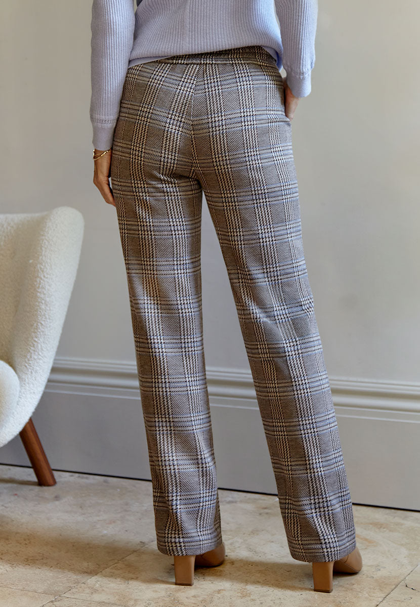 TONI Jenny 30 Inch Wide Leg - Chocolate Check Dark Brown and White Squared Easy Wear Faux Fly Slant Pocket Stretch Waist Higher Rise Style Back View