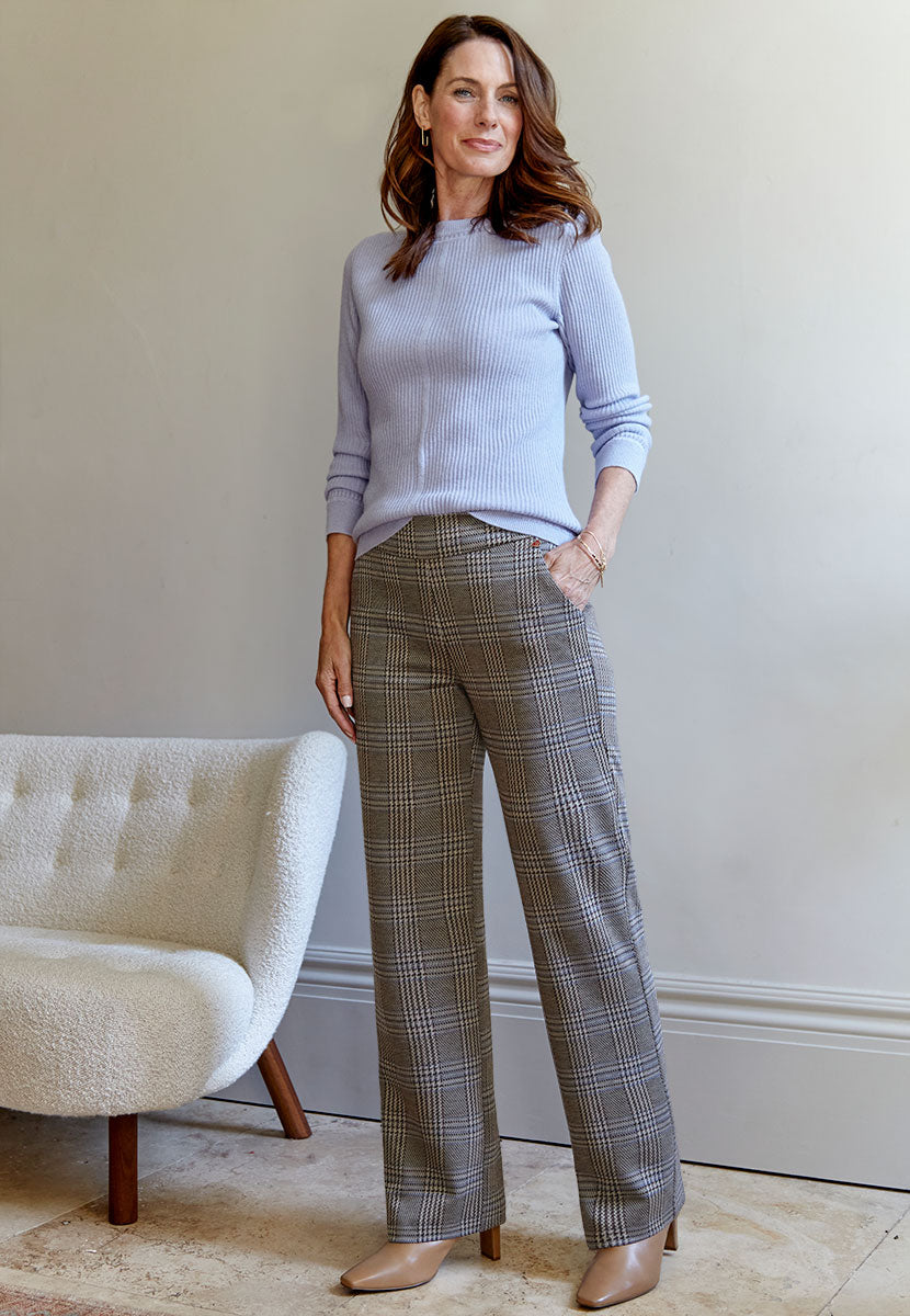 TONI Jenny 30 Inch Wide Leg - Chocolate Check Dark Brown and White Squared Easy Wear Faux Fly Slant Pocket Stretch Waist Higher Rise Style