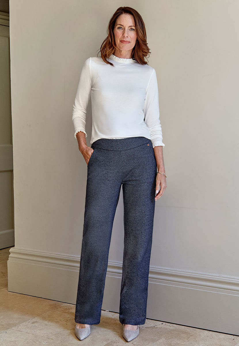 TONI Jenny 30 Inch Wide Leg - Navy Fleck Dark Blue and White Squared Easy Wear Faux Fly Slant Pocket Stretch Waist Higher Rise Style