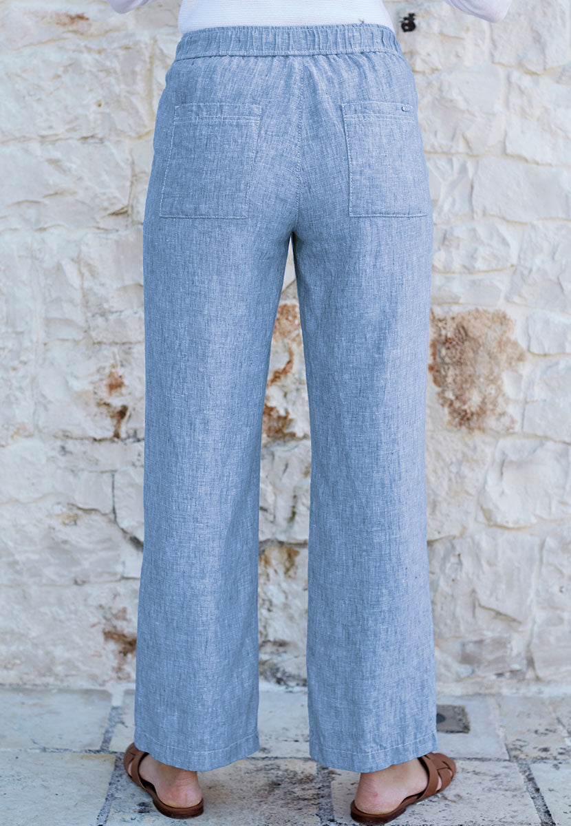 TONI Summer Linen Wide Leg Trousers - Blue Sky Pull On Style with Side and Back Pockets Back Detail
