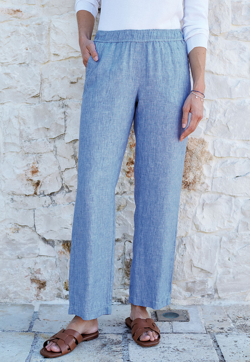 TONI Summer Linen Wide Leg Trousers - Blue Sky Pull On Style with Side and Back Pockets Front Alt