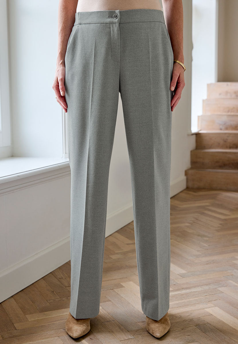 TONI Luisa Wide Leg Trousers - Grey Marl Light Grey Viscose Blend Smart Trousers Soft Wool-Look Fabric Smooth Front Waist Discreet Stretch At The Back Functional Buttons and Fly Alt View