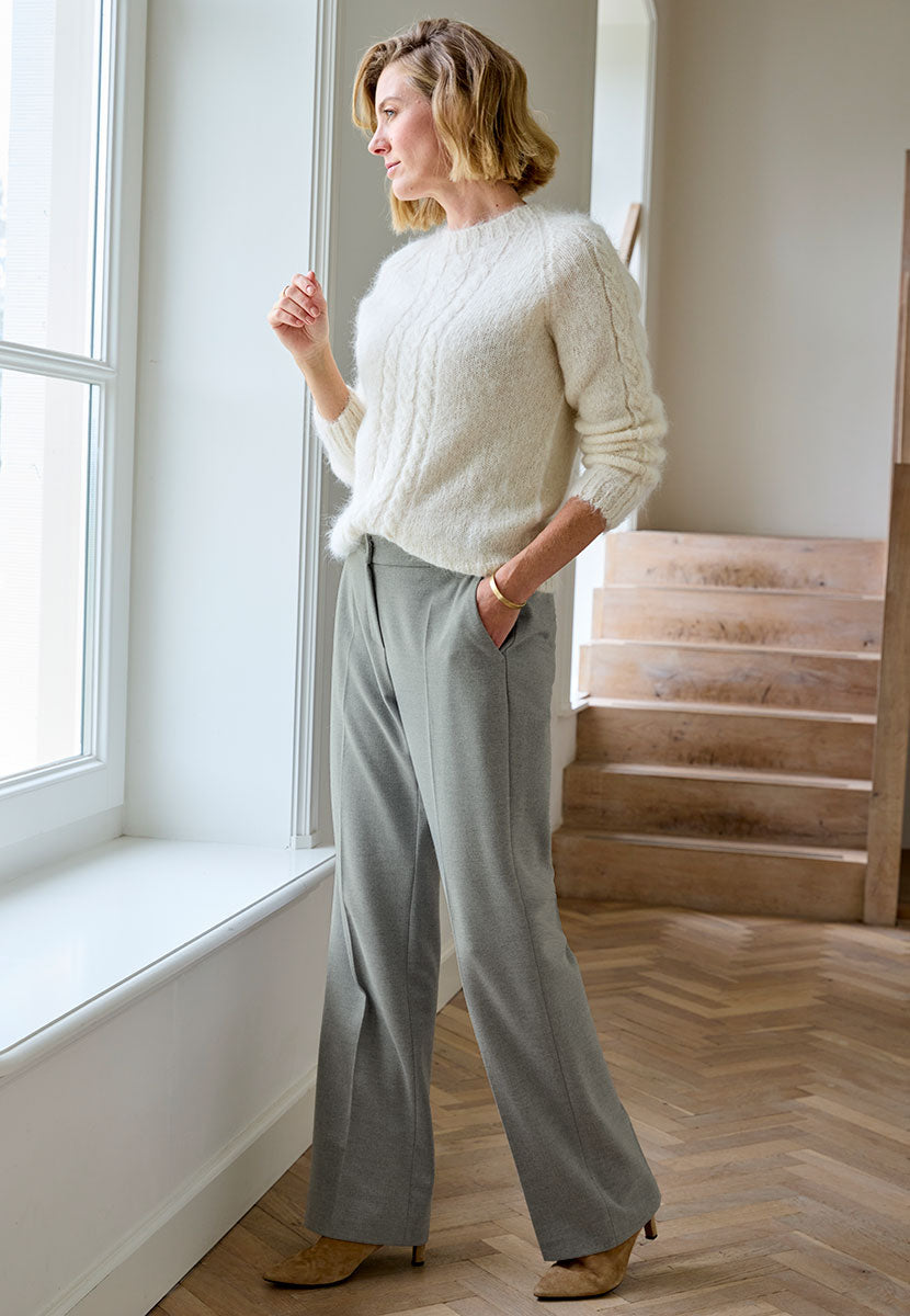 TONI Luisa Wide Leg Trousers - Grey Marl Light Grey Viscose Blend Smart Trousers Soft Wool-Look Fabric Smooth Front Waist Discreet Stretch At The Back Functional Buttons and Fly Front Alt View
