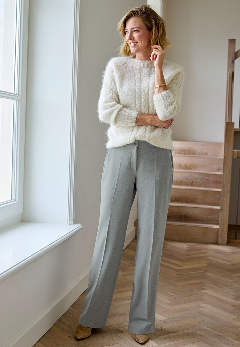 TONI Luisa Wide Leg Trousers - Grey Marl Light Grey Viscose Blend Smart Trousers Soft Wool-Look Fabric Smooth Front Waist Discreet Stretch At The Back Functional Buttons and Fly