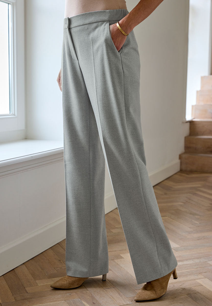 TONI Luisa Wide Leg Trousers - Grey Marl Light Grey Viscose Blend Smart Trousers Soft Wool-Look Fabric Smooth Front Waist Discreet Stretch At The Back Functional Buttons and Fly Side View