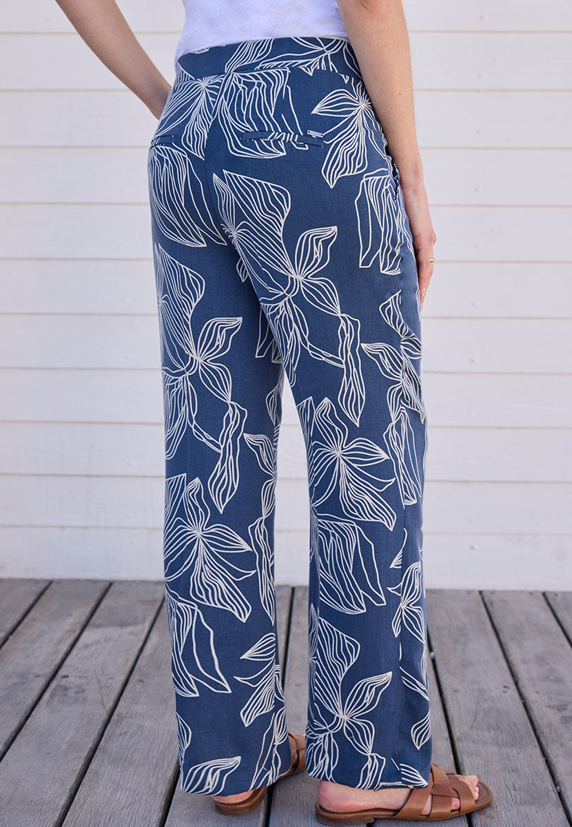 Toni Luisa Wide Leg Tailored Trouser - Navy Trevi Print Flattering Line with Easy Wear For Smart Or Casual Styling with Fly Front Pockets and Front Creases Back View
