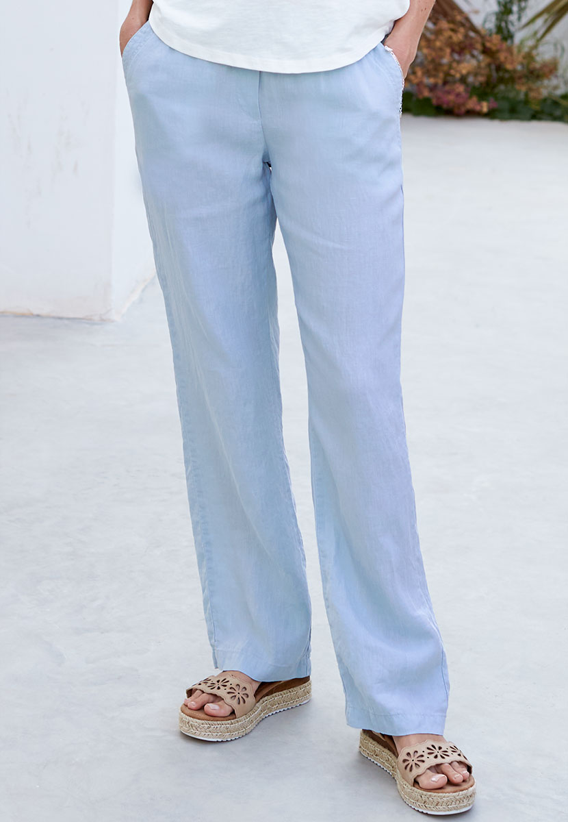 TONI 27 Inch Leg Summer Linen Trouser - Tuscan Blue